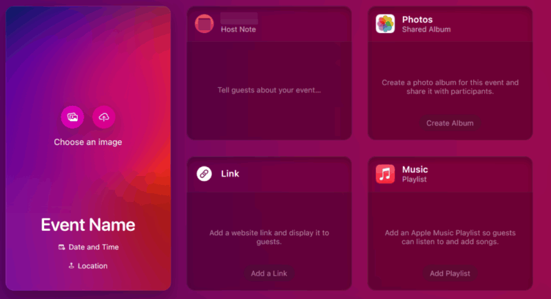 Создание нового приглашения в веб‑версии Apple Invites.