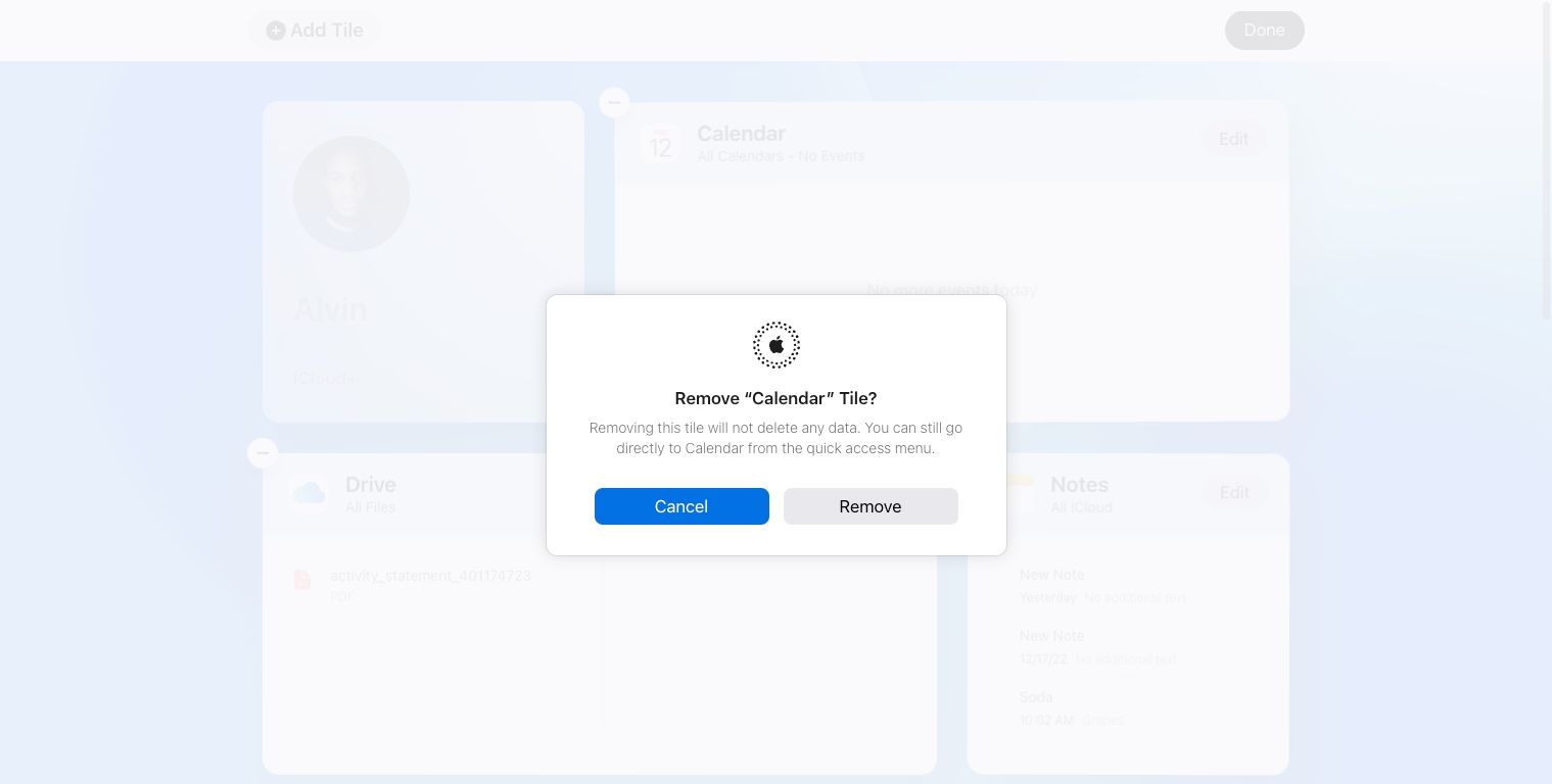 Подтверждение удаления плитки на домашней странице iCloud