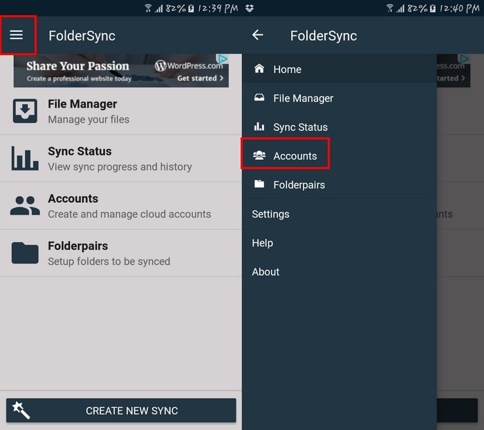 Страница аккаунтов FolderSync с выбором Dropbox