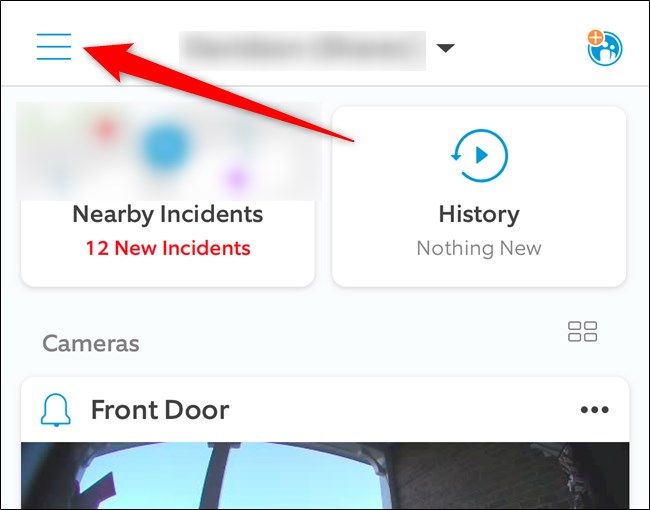 Нажатие на иконку меню в приложении Ring