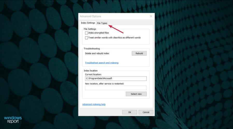Вкладка Типы файлов