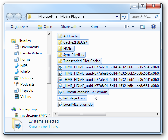 Файлы базы данных WMP в профиле пользователя