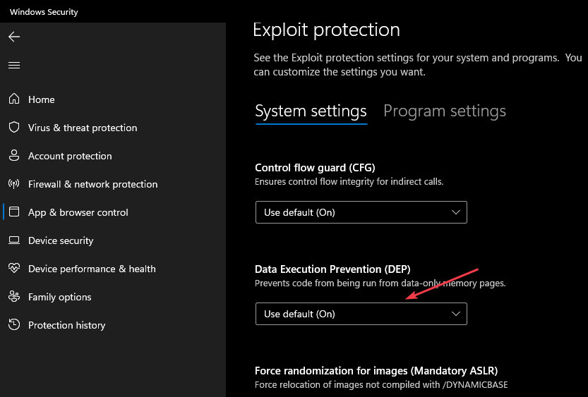 Настройки DEP в Exploit Protection
