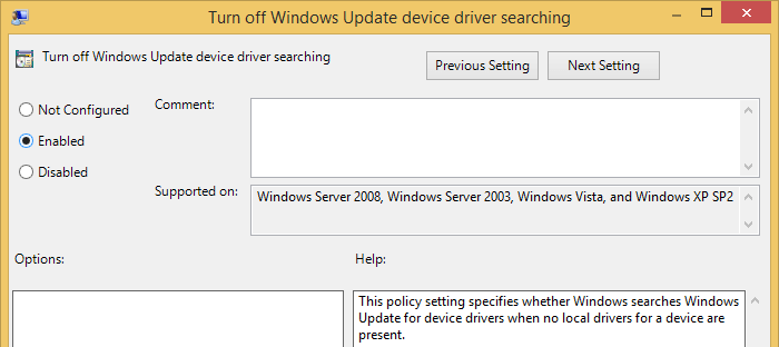 Включение параметра Turn off Windows update device driver searching