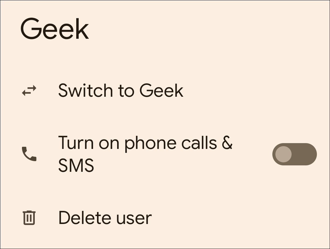 Экран с опциями профиля: переключение, разрешения и удаление.