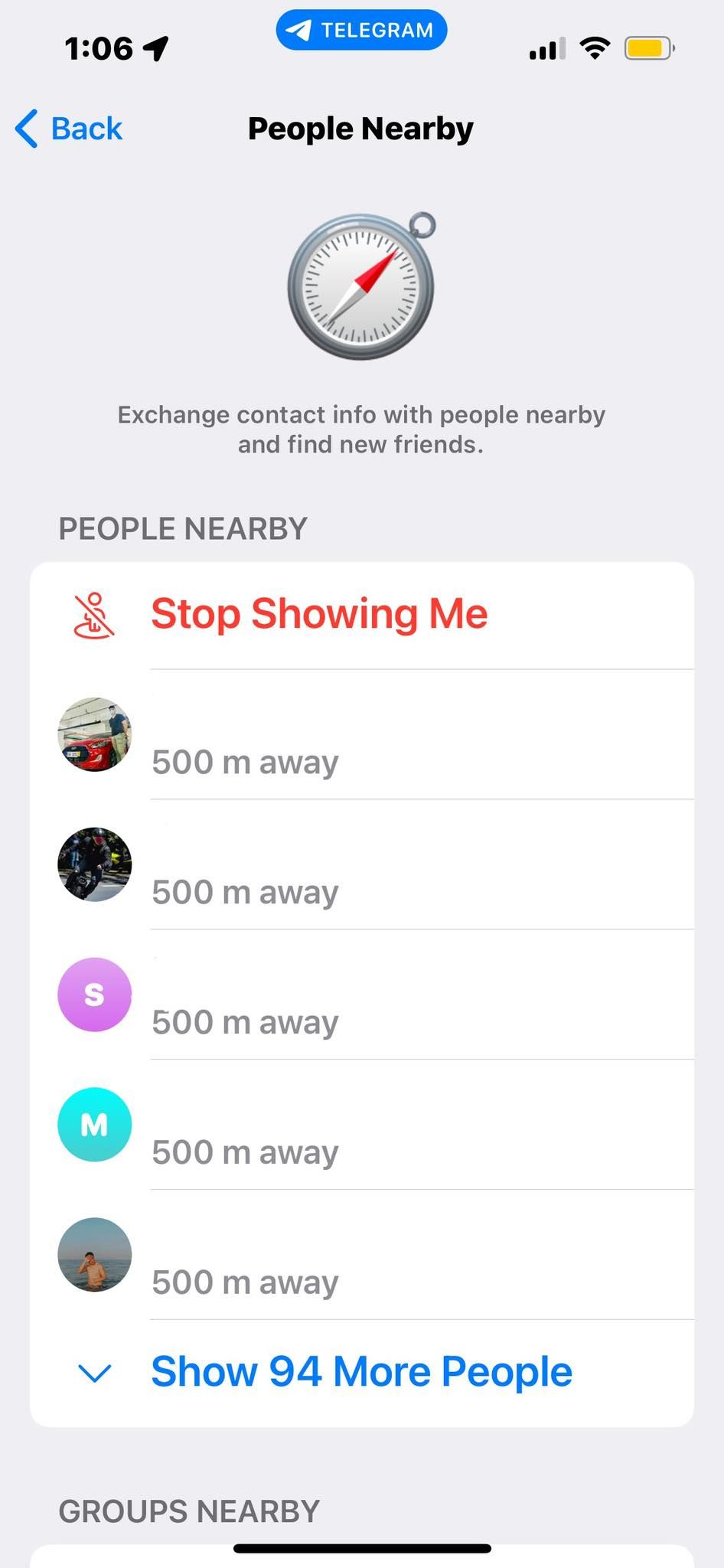 Скрытие вашего профиля в разделе «Найти людей рядом» Telegram