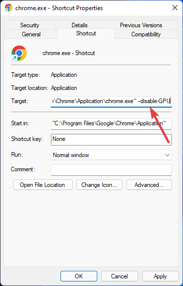 Добавление флага --disable-GPU в поле 'Объект' ярлыка Chrome