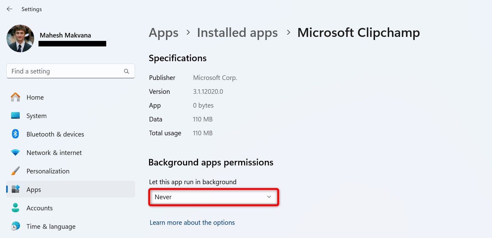 Настройки Приложений с опцией Никогда для фоновой работы