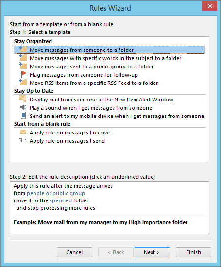 Снимок экрана: мастер правил Outlook — расширенные параметры и исключения