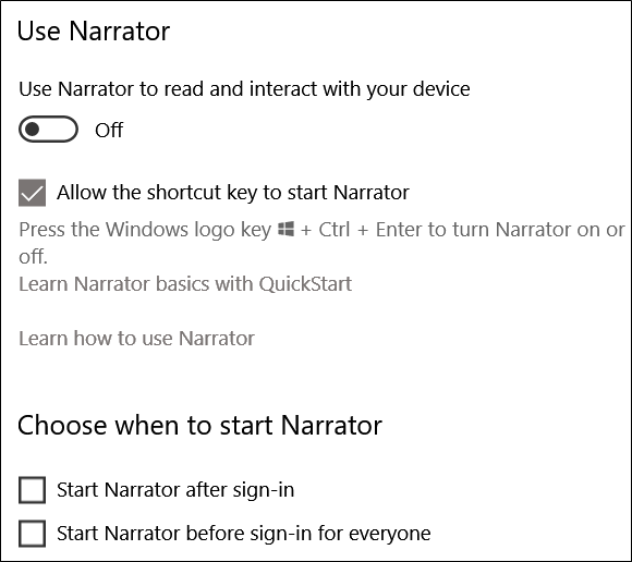 Общие настройки Narrator: автозапуск и справка
