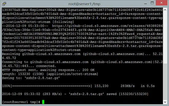 Captura de pantalla: wget descargando sshfs-2.8.tar.gz en /tmp