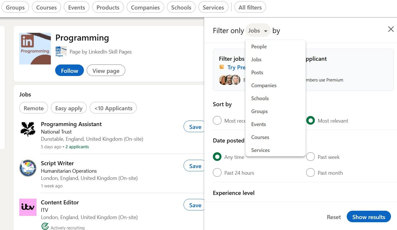 Выбор категории для инструмента Все фильтры в LinkedIn