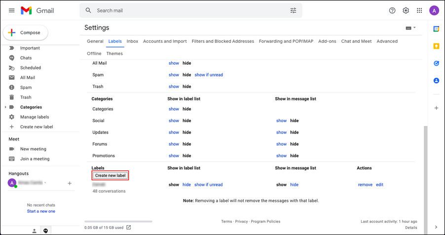 Create new label button