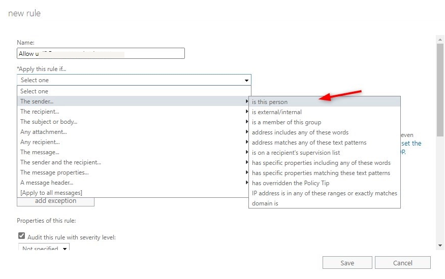 Указание отправителя для правила Mail Flow