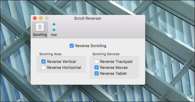 Окно настроек Scroll Reverser с опциями включения инверсии