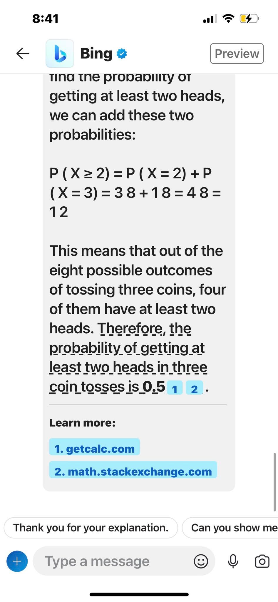 Asking Bing Chat on Skype a General Statistics Question