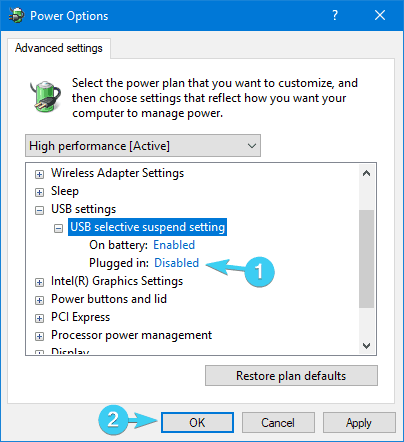 Отключение выборочного приостановления USB
