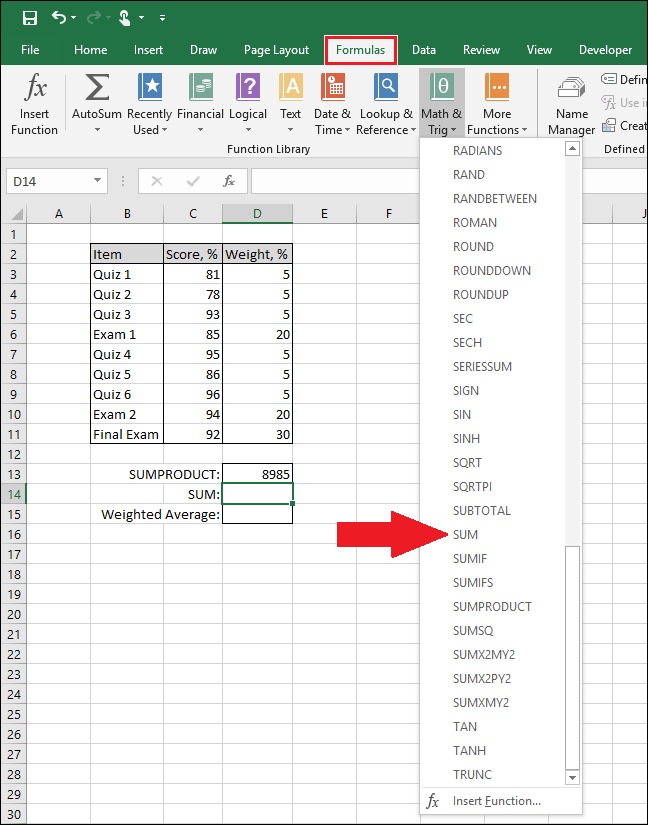 На вкладке Формулы выберите Математические, затем SUM