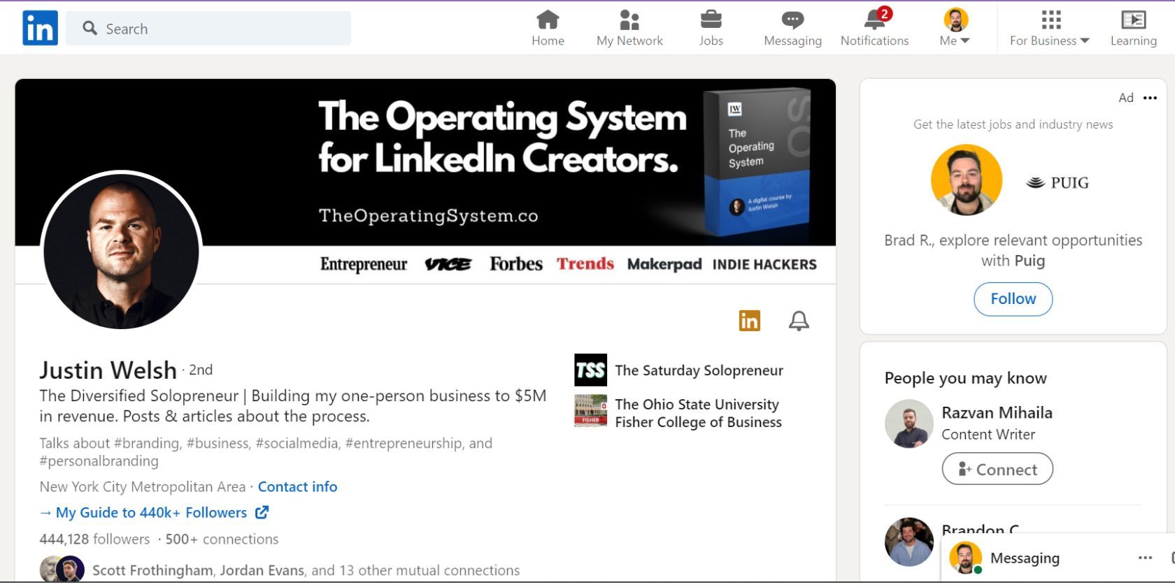 Профиль Джастина Уэлша в веб‑интерфейсе LinkedIn