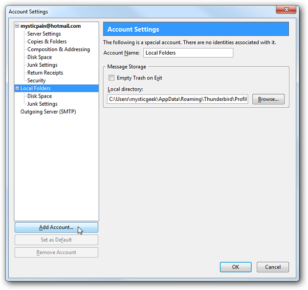 Настройки учётной записи Thunderbird