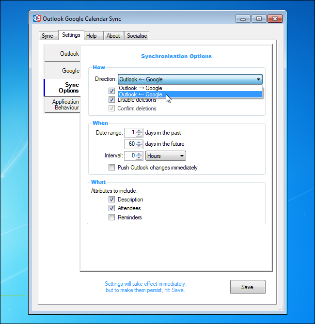 Переход к настройкам Sync Options