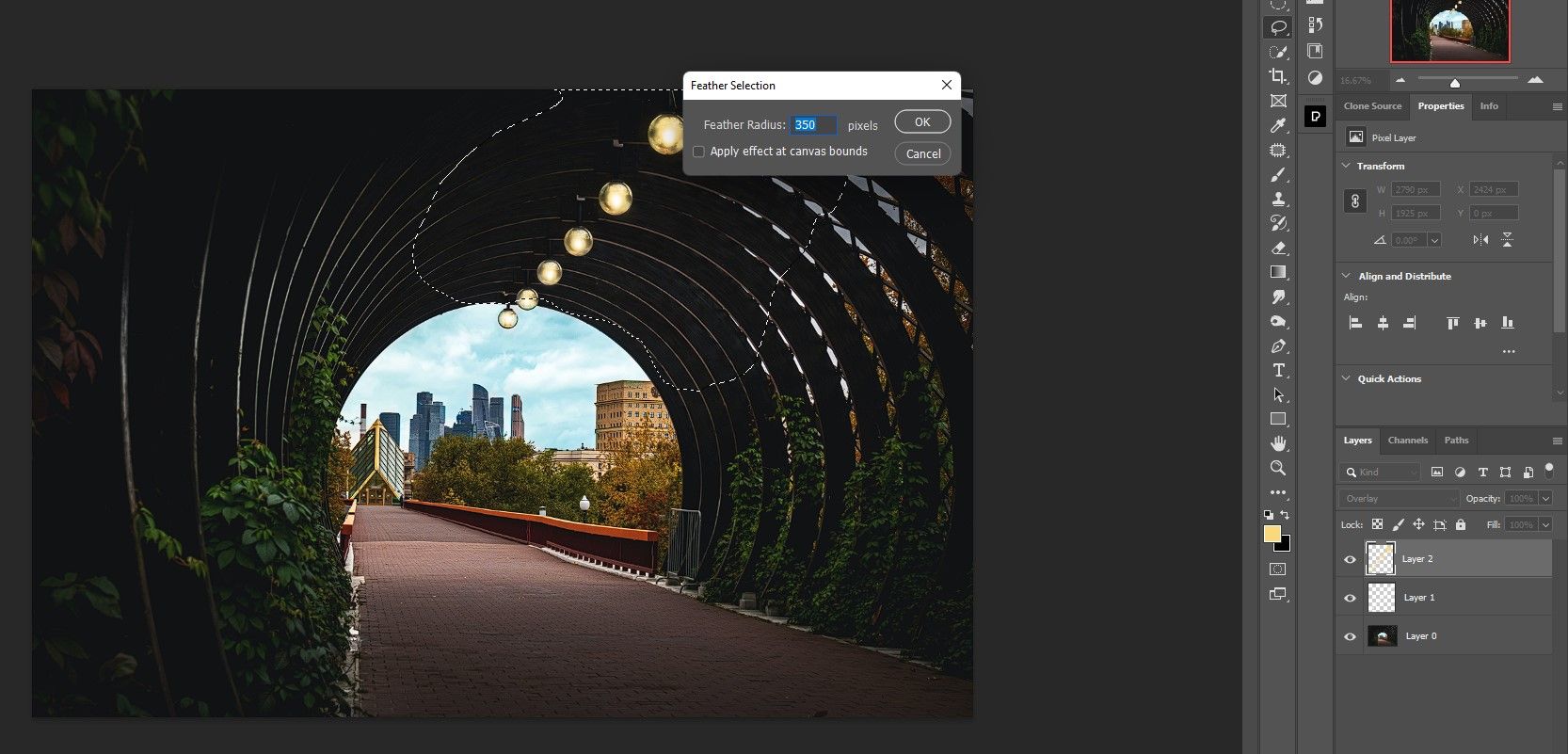 Шаг 14: радиус Feather 350 пикселей