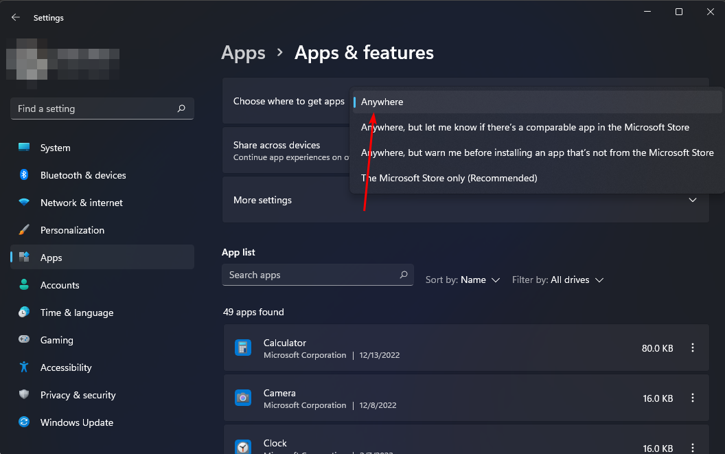 Параметр «Choose where to get apps» — опция Anywhere