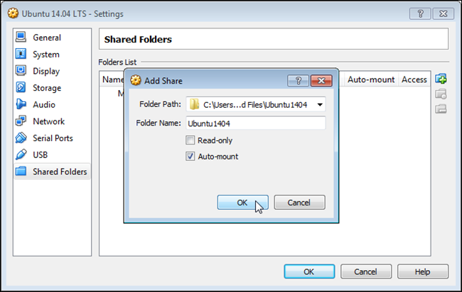 Параметры общей папки: имя, автоподключение, только для чтения