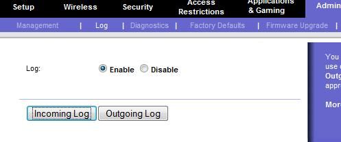 Раздел логов роутера с включённым логированием и кнопкой Outgoing Log