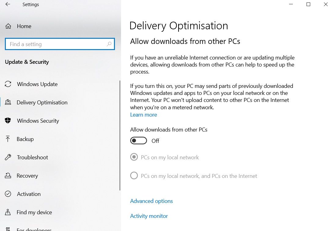 Параметры Delivery Optimization в настройках Windows Update