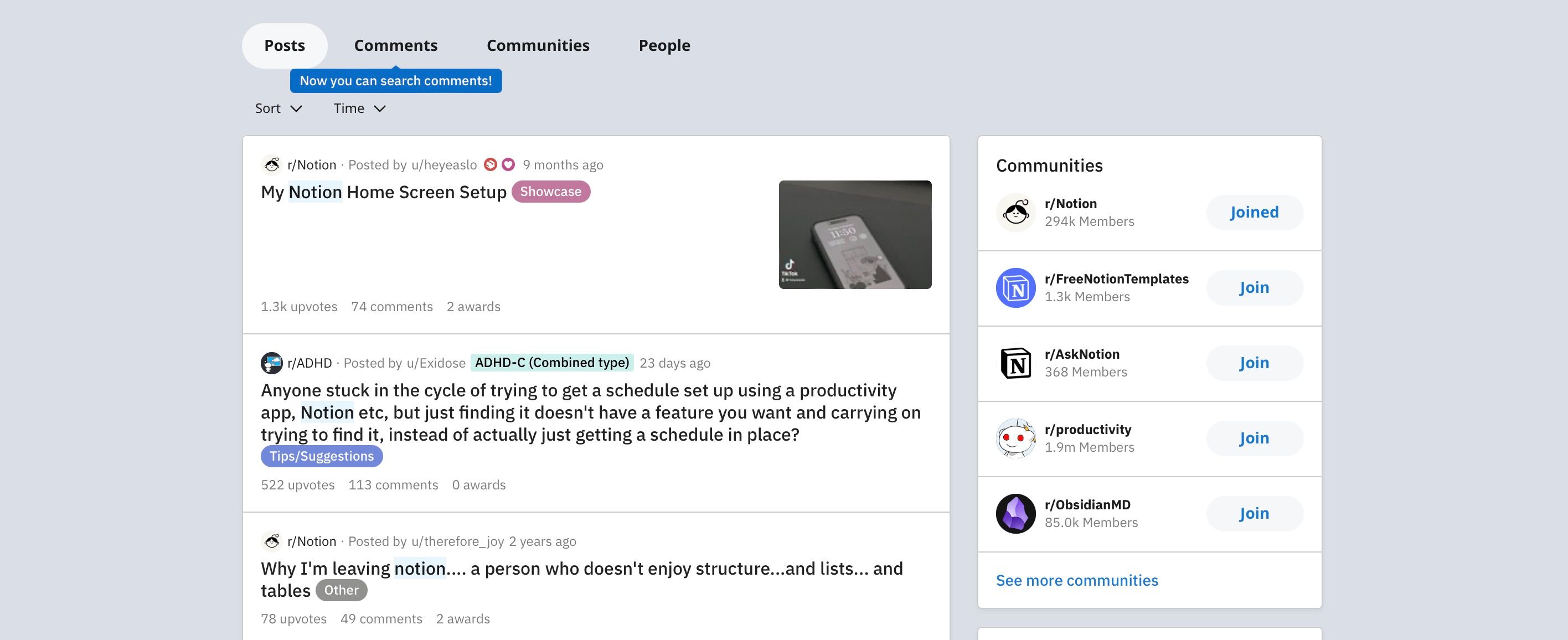 Некоторые фильтры поиска Reddit в результатах