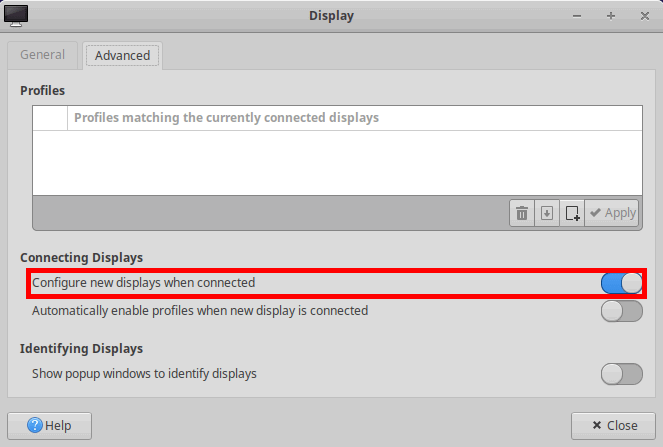 Скриншот переключателя Configure new displays в XFCE.