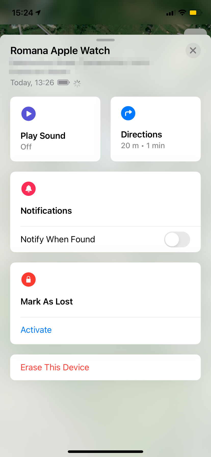 Детали устройства в приложении «Локатор»