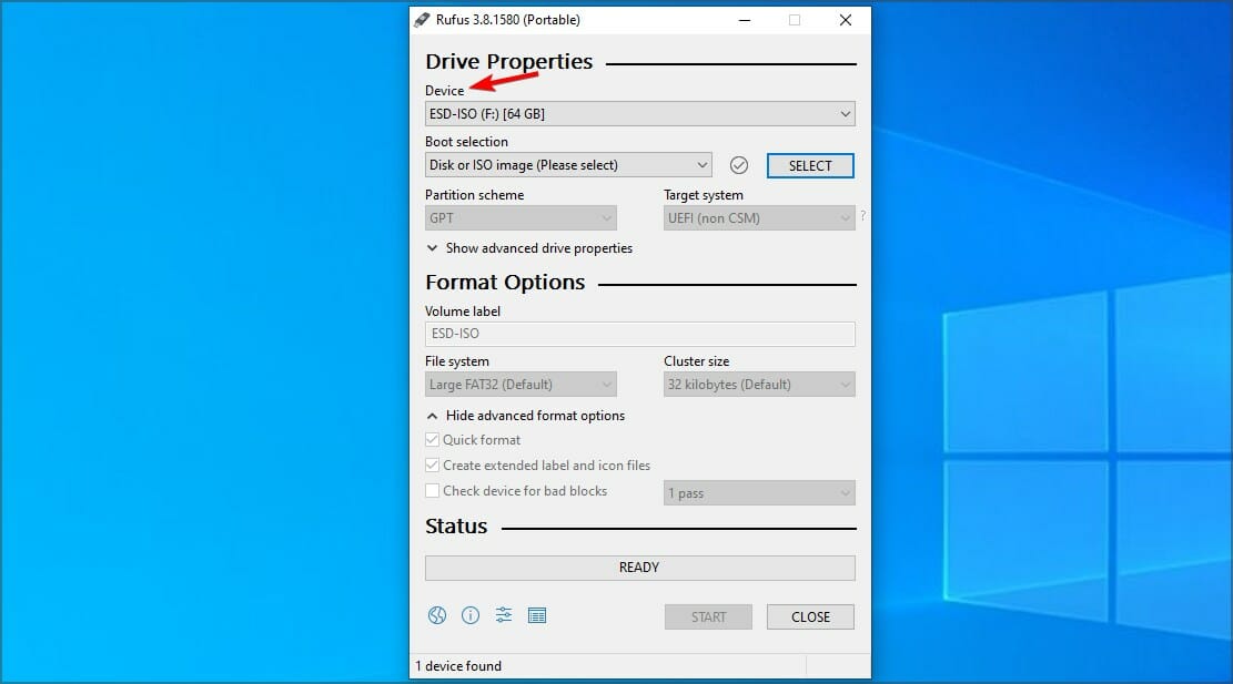 Выбор правильного USB-устройства в Rufus