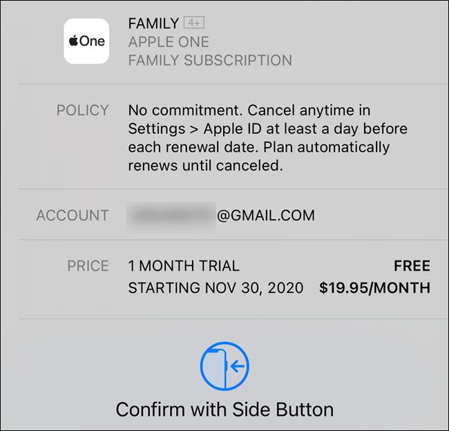 Подтвердите подписку на Apple One