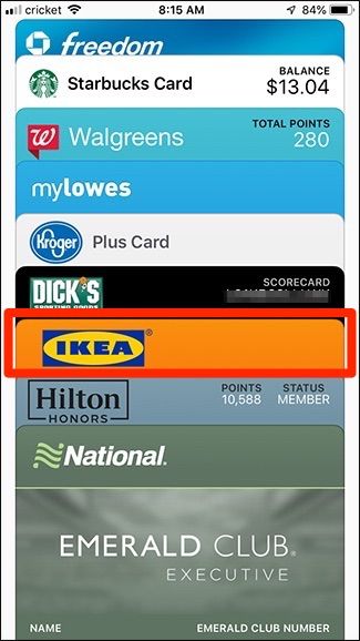 Выбор карточки в Wallet