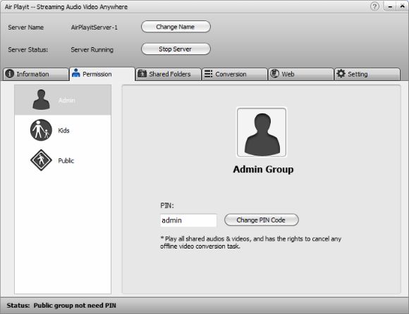 Настройки доступа и PIN в Air Playit