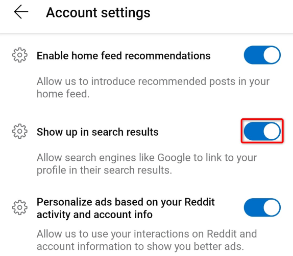 Отключение отображения профиля в результатах поиска на мобильном устройстве.