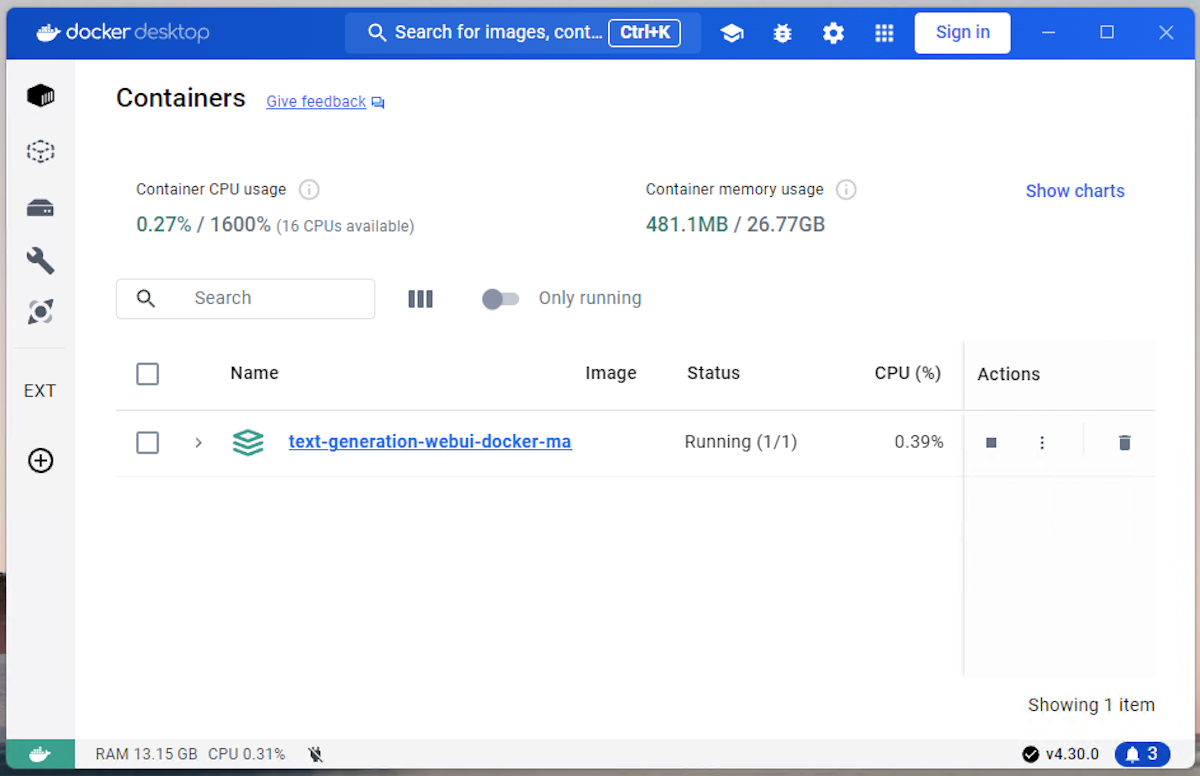 Docker Desktop показывает работающий контейнер