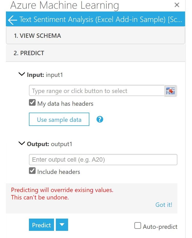 Скриншот всплывающего окна надстройки Azure Machine Learning в Excel