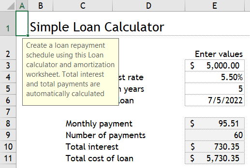 Подсказка в шаблоне Simple Loan Calculator и выделение ячеек с данными