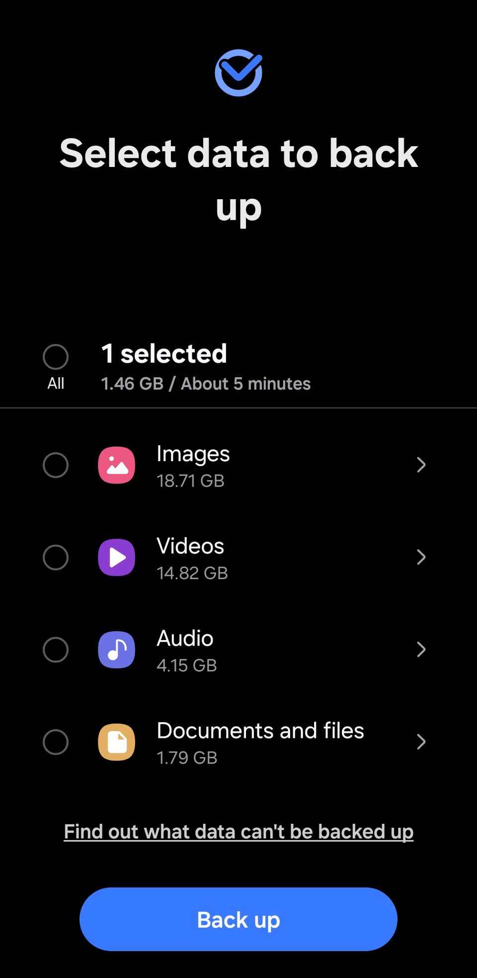 Опция резервного копирования в приложении Smart Switch