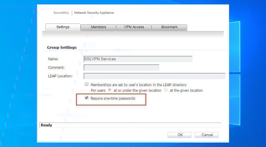 требуется одноразовый пароль в настройках SonicWall