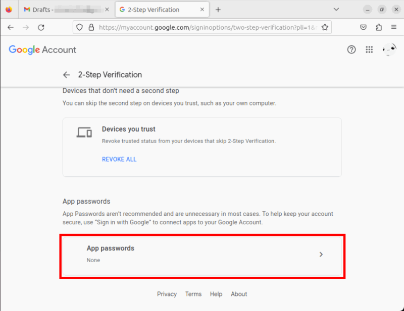 Кнопка App Passwords в настройках верификации.