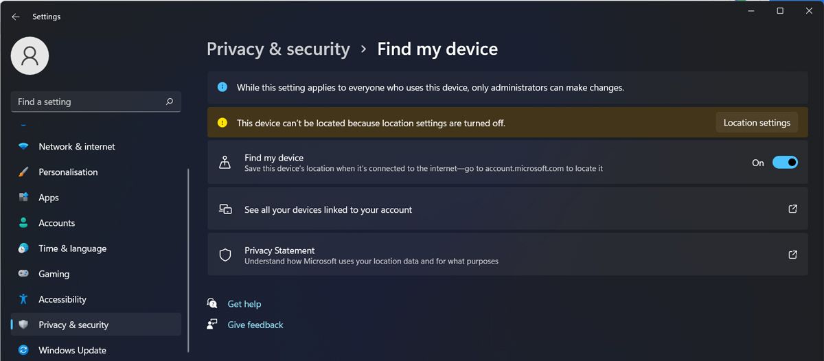 Скриншот параметров Найти устройство в Windows