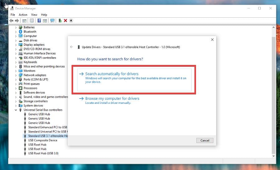 Опция автоматического поиска драйверов в Windows