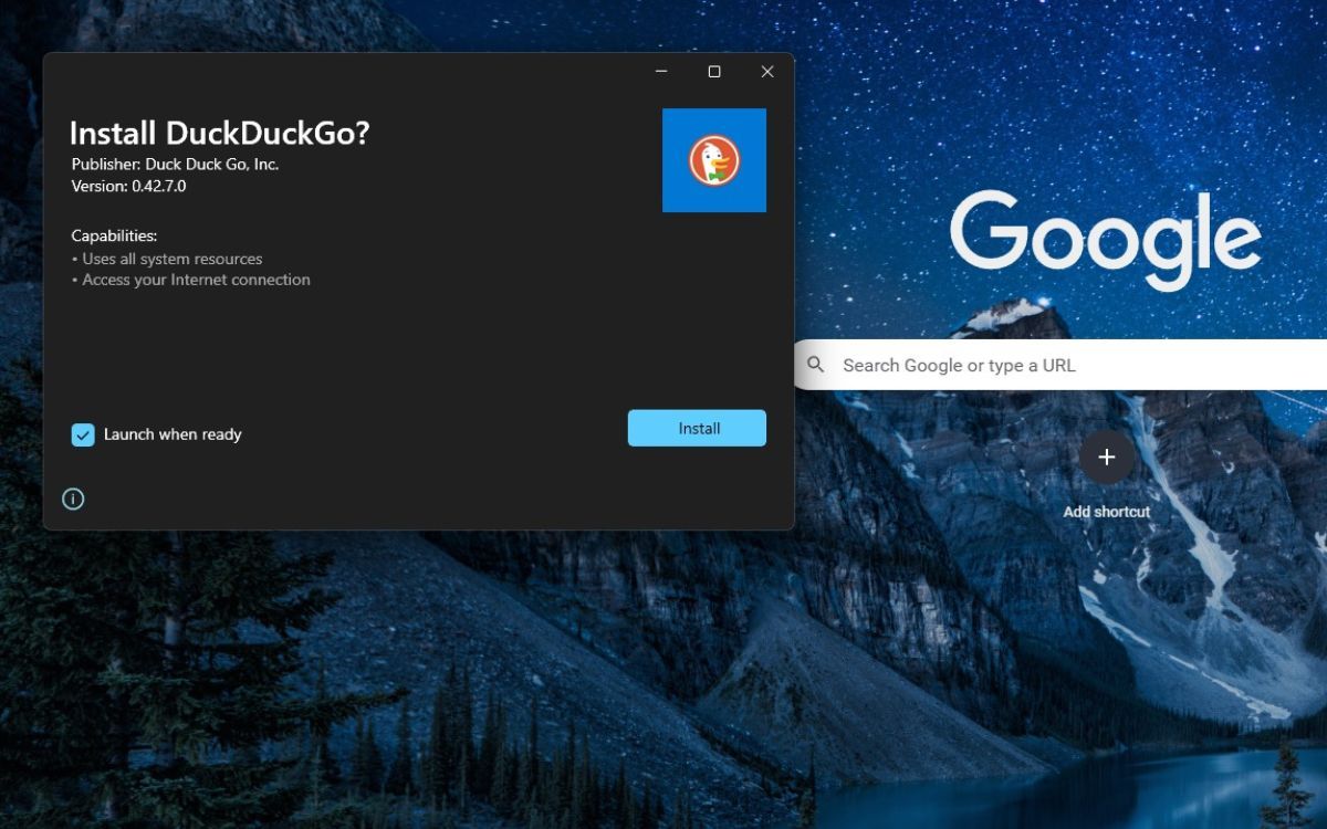 Диалог установки DuckDuckGo на Windows