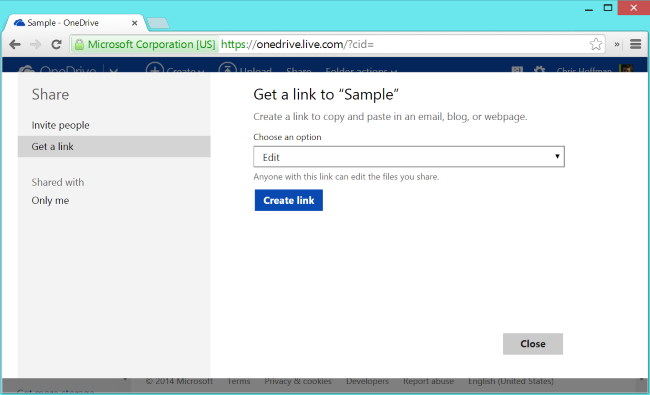 Настройки общего доступа в OneDrive