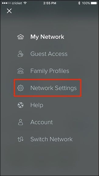 Экран приложения Eero с пунктом Параметры сети