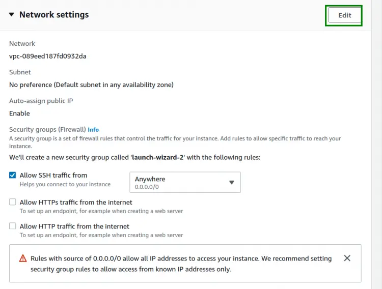 Стандартные сетевые настройки для инстанса